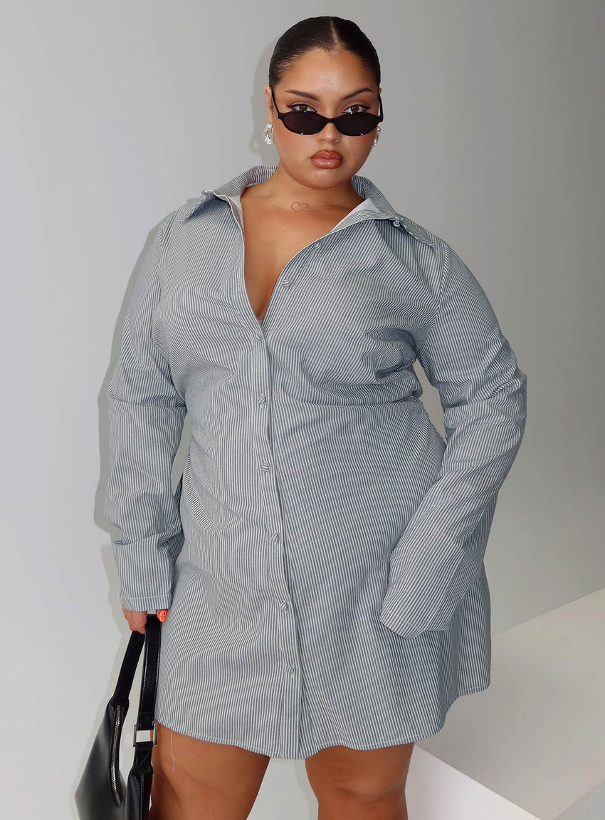 Publicity Long Sleeve Mini Dress Blue Pinstripe Curve
