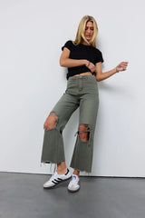 Charlie Distressed Jeans In Army Green - Final Sale