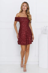 Glittering Dreams Sequin Off Shoulder Mini Dress Burgundy