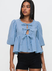 Full House Tie Up Blouse Top Blue Plaid