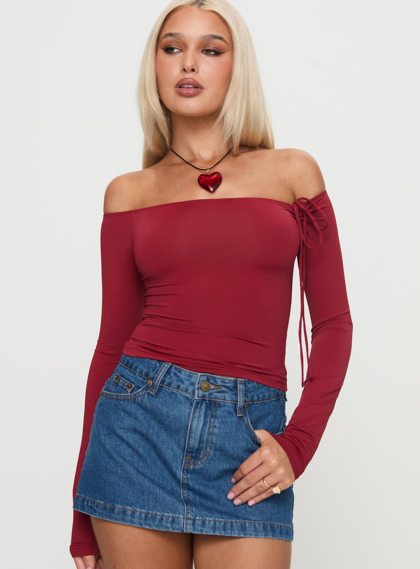 Where You At Off Shoulder Long Sleeve Top Red