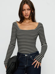 Donica Square Neck Long Sleeve Bodysuit Grey Stripe