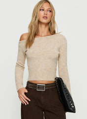 Selbey Fluffy Cinched Waist Off Shoulder Top Cream Marle