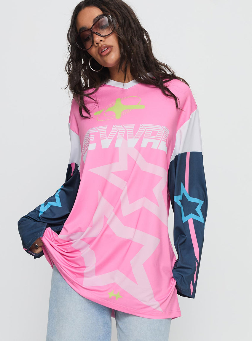 Revival Moto Long Sleeve Jersey Top Pink