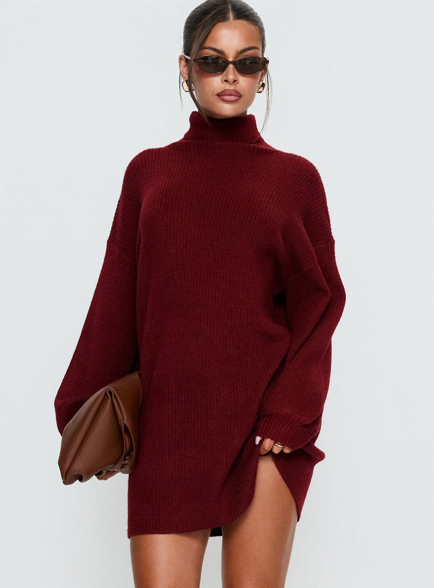 Coleena Long Sleeve Knit Mini Dress Burgundy