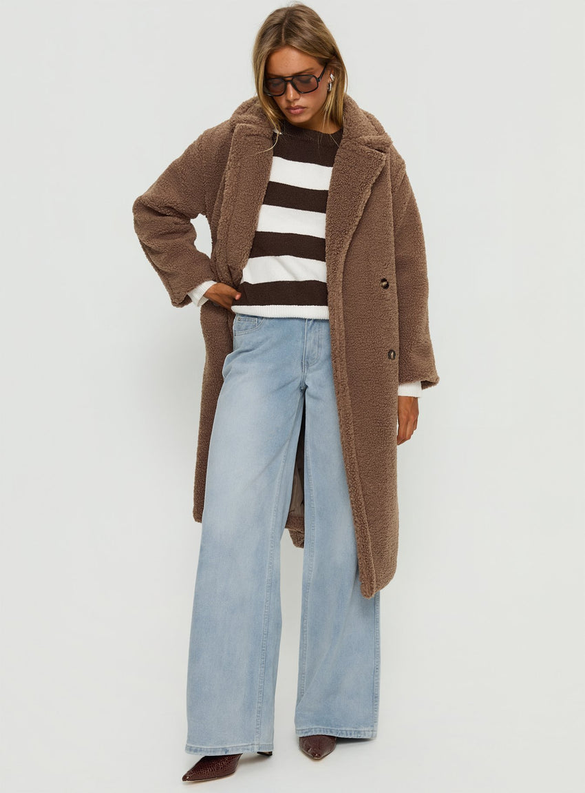 Delora Fluffy Longline Coat Brown