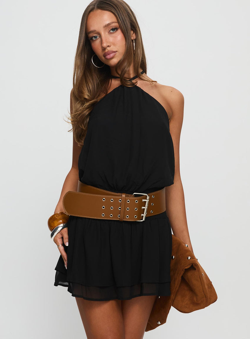 Khamira Halter Shirred Mini Dress Black