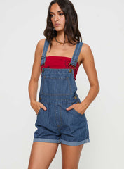 Kacey Short Overalls Mid Blue Pinstripe