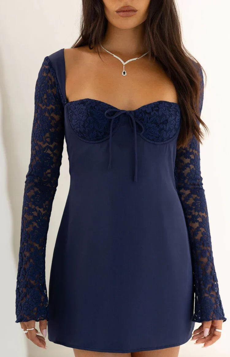 Verity Navy Lace Long SLeeve Mini Dress