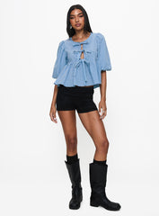 Full House Tie Up Blouse Top Blue Plaid