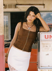 Rodeo Faux Suede Zip Through Top Brown