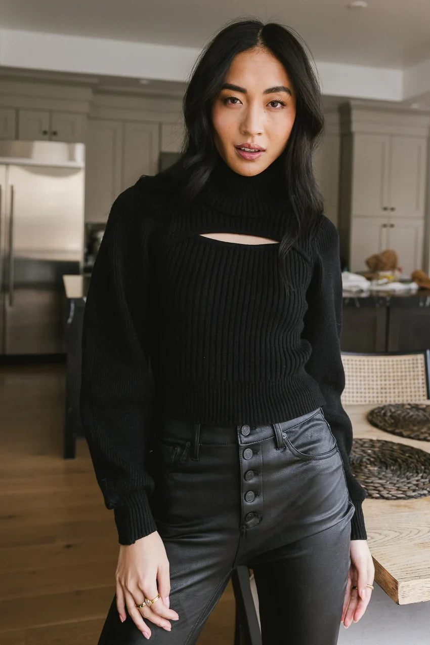 Cut Out Turtleneck Sweater In Black - Final Sale