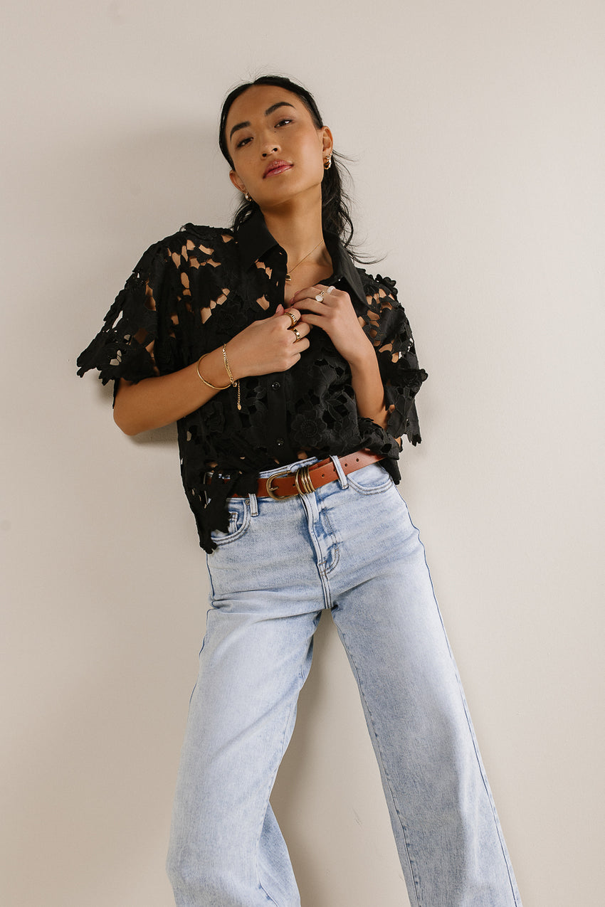 Floral Lace Button Up In Black - Final Sale