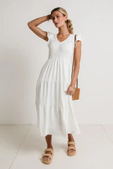 Rain Smocked Midi Dress in White - FINAL SALE