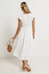Rain Smocked Midi Dress In White - Final Sale