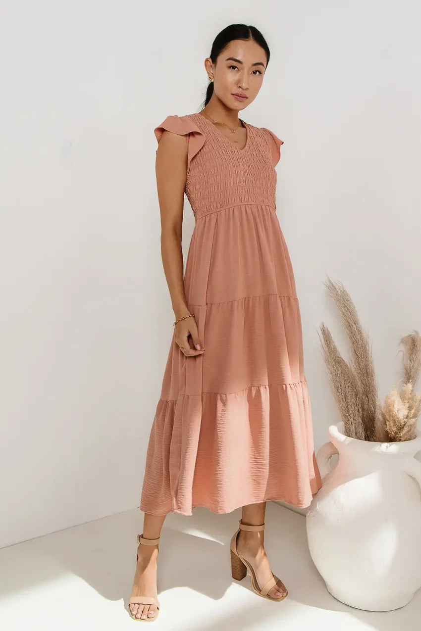 Rain Smocked Midi Dress In Peach - Final Sale