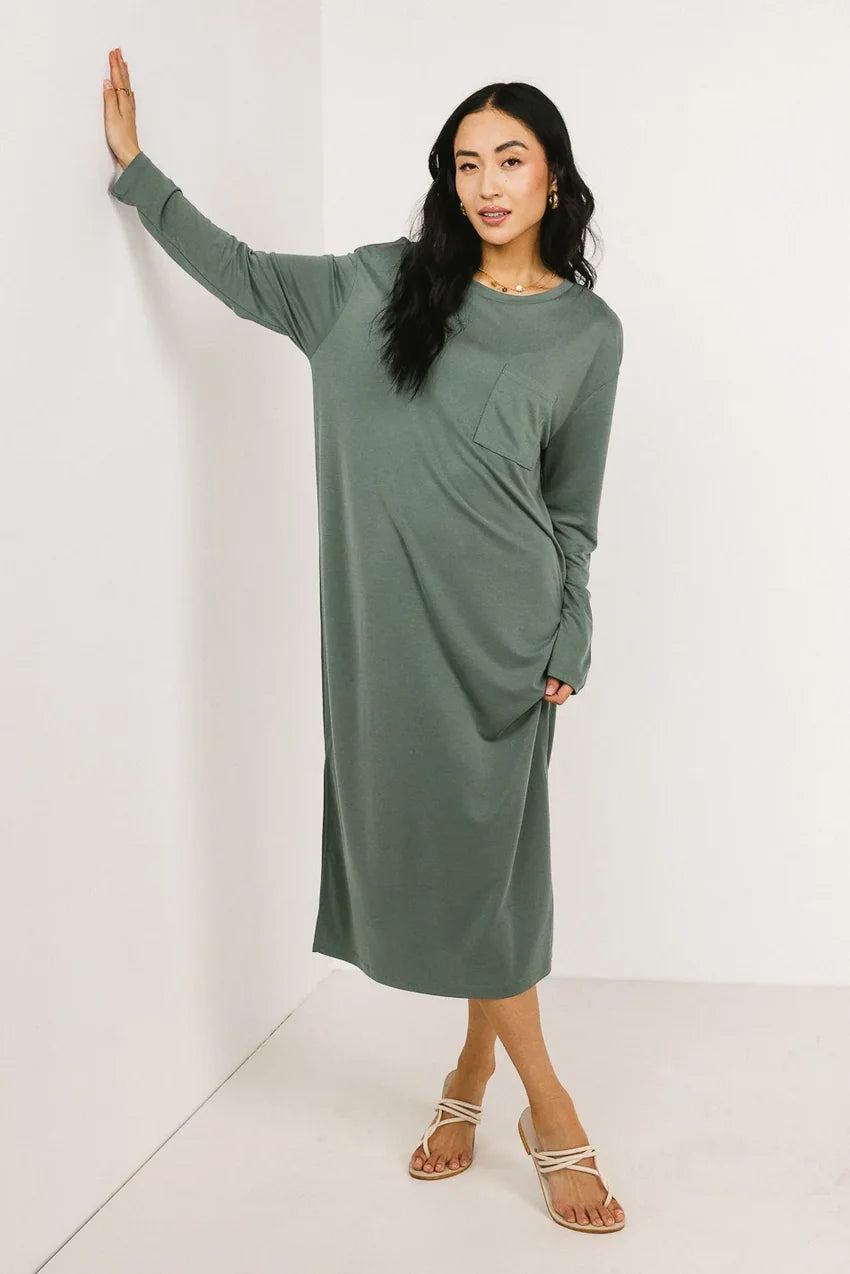 Long Sleeve T-Shirt Dress in Sage - FINAL SALE