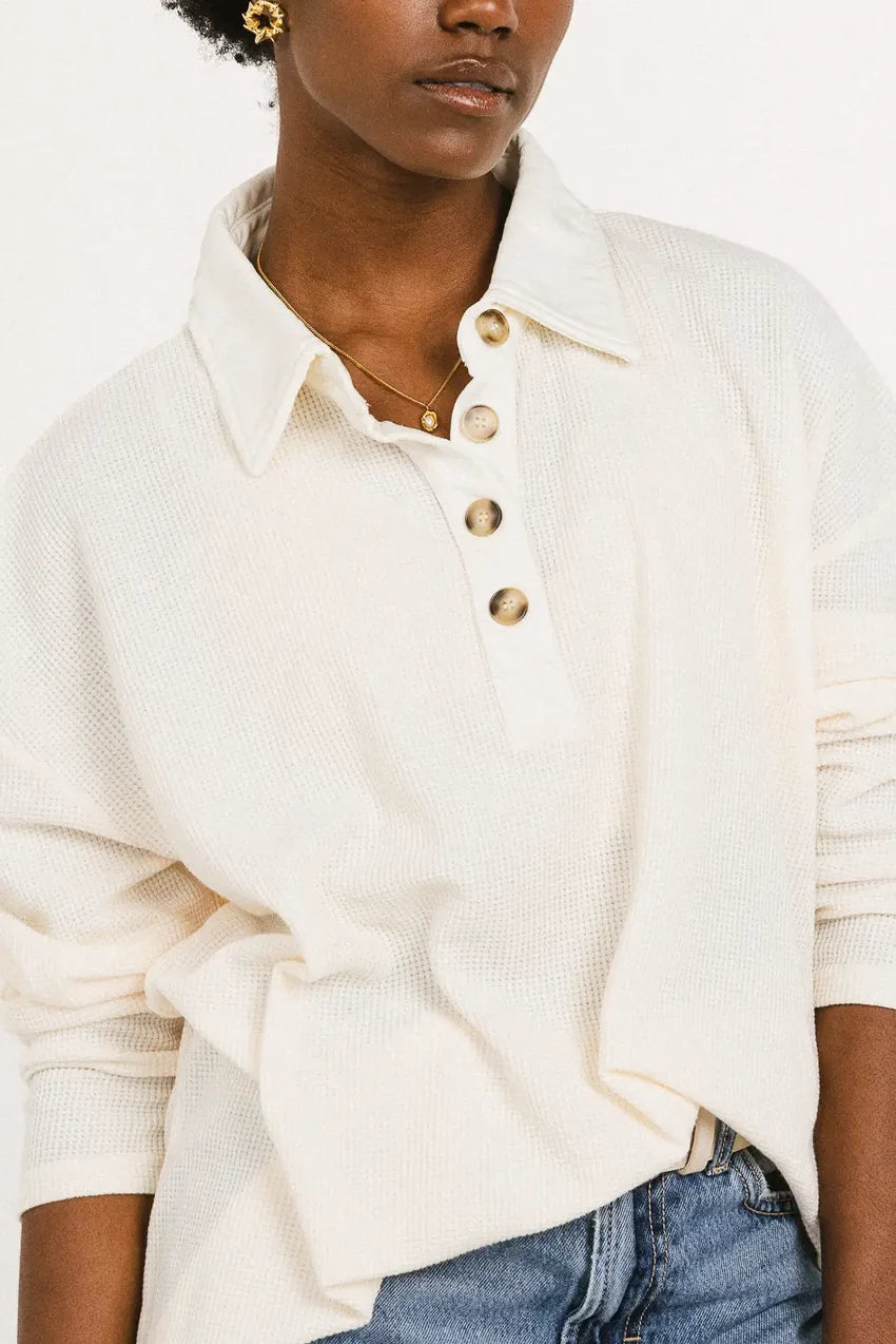 Isabelle Waffle Knit Henley Top In Cream - Final Sale