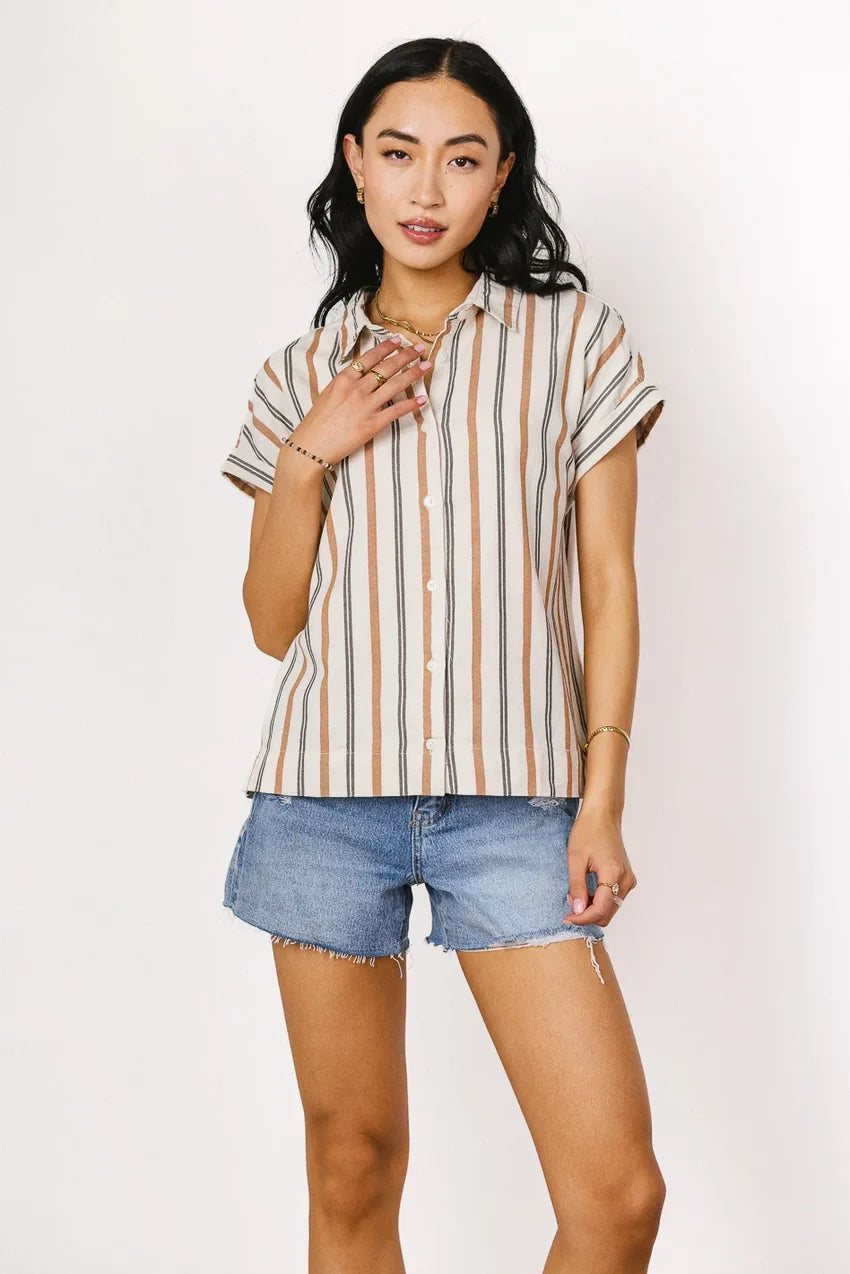 Gabby Striped Button Up In Tan - Final Sale