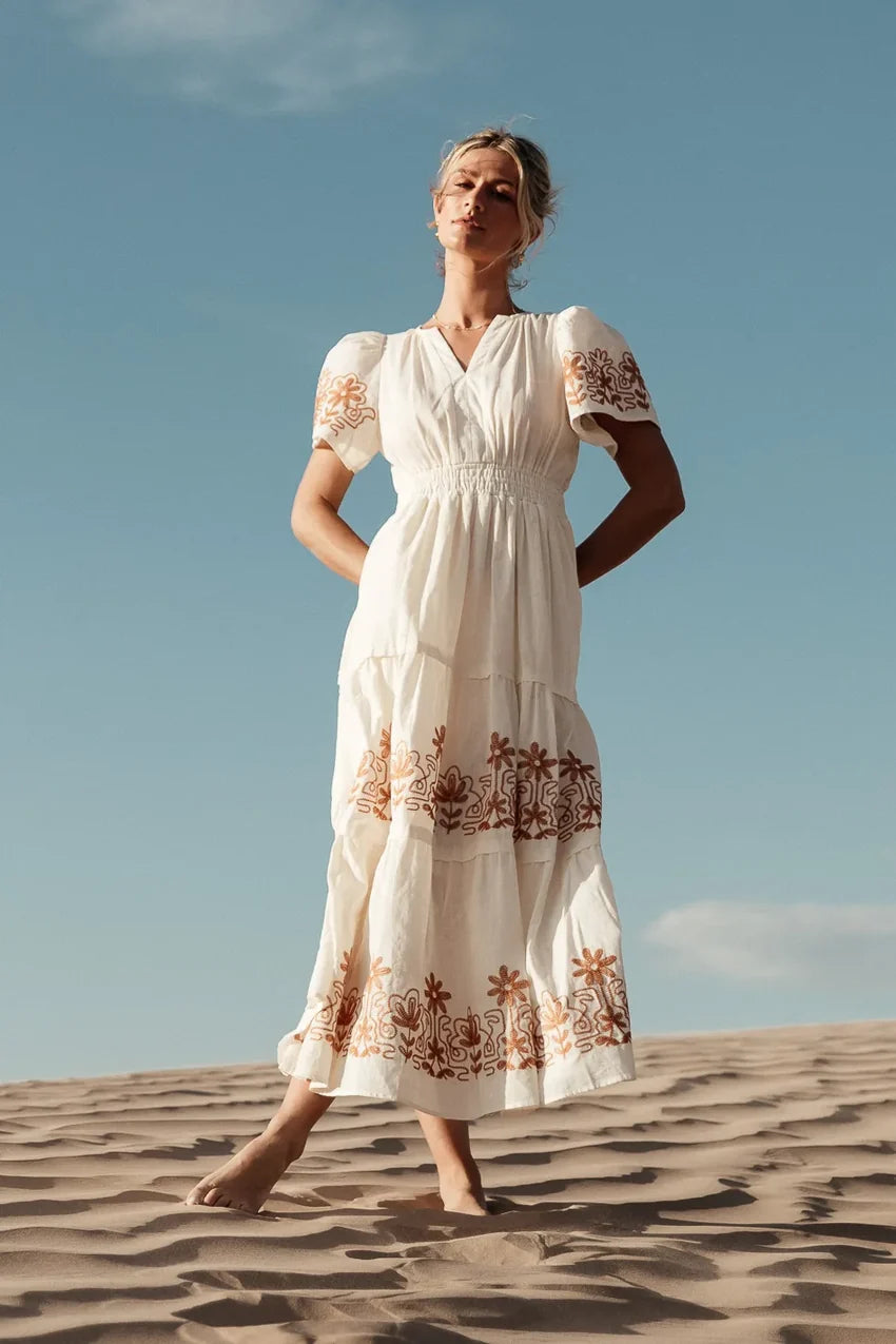 Isabeau Embroidered Maxi Dress In Cream - Final Sale