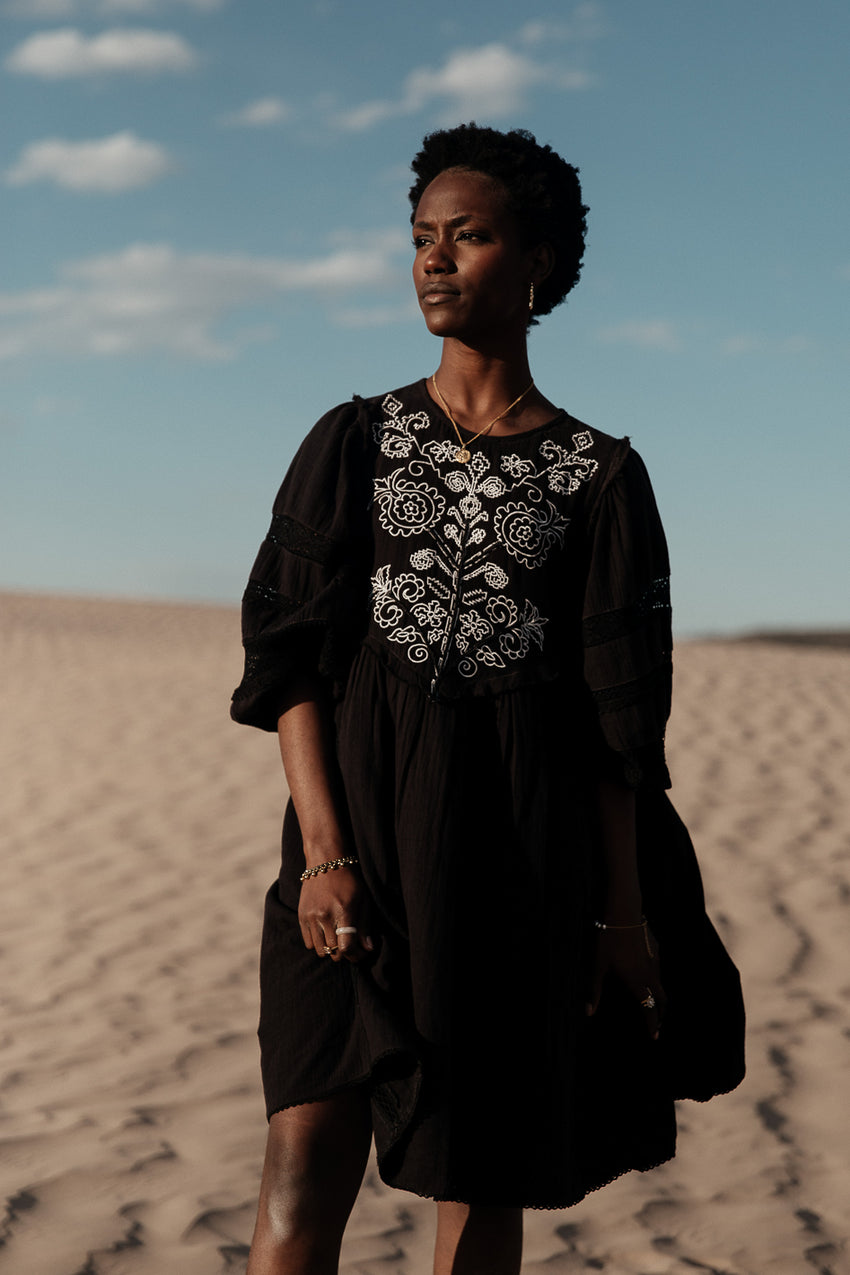 Serendipity Embroidered Midi Dress In Black - Final Sale