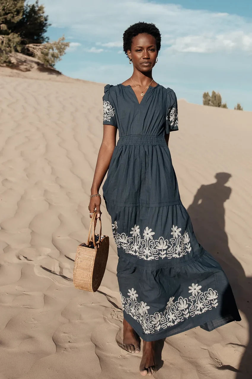 Isabeau Embroidered Maxi Dress In Navy - Final Sale
