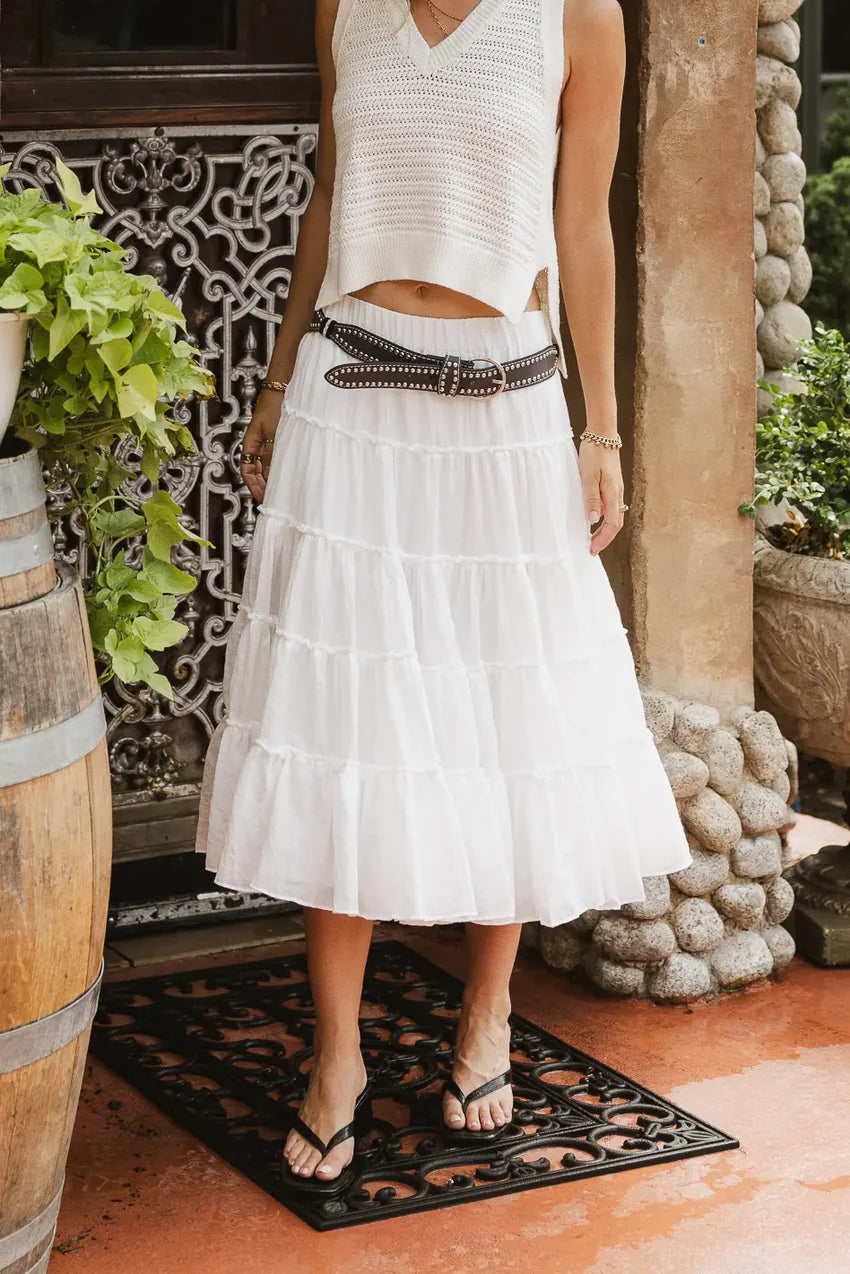 Minerva Tiered Midi Skirt In White - Final Sale