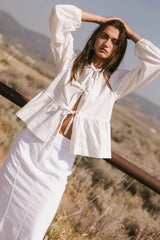 Maggie Peplum Tie Blouse In White - Final Sale