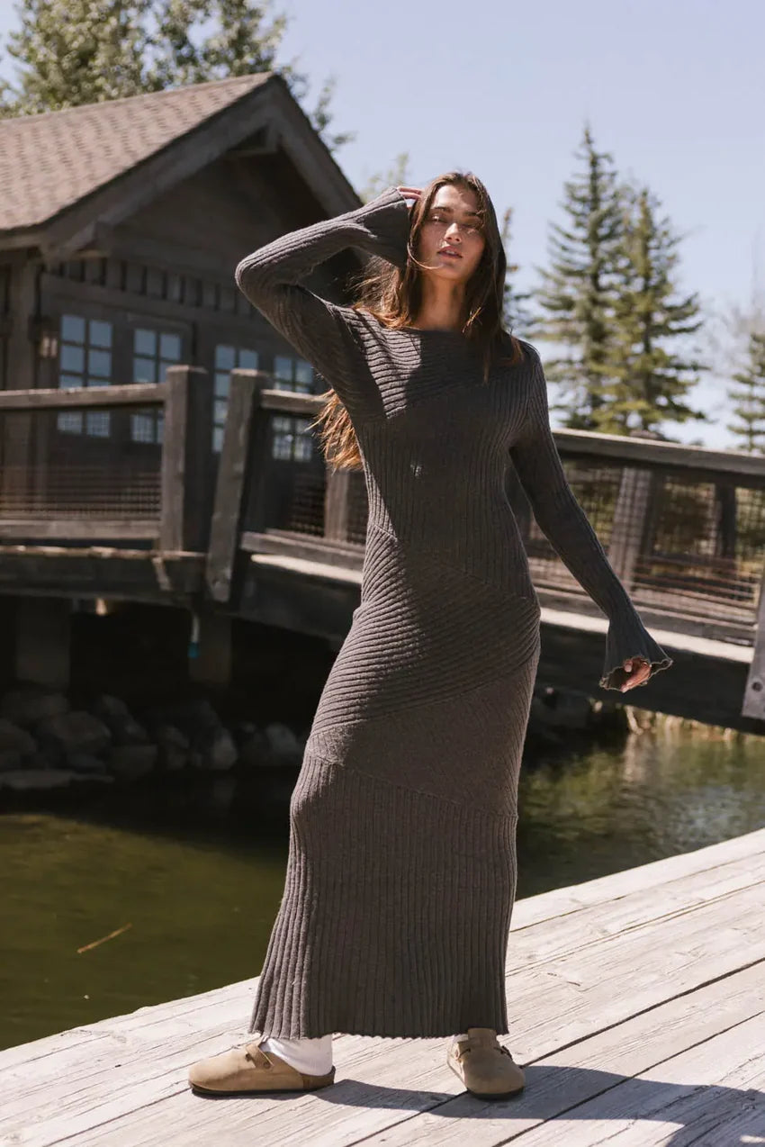 Grove Ribbed Maxi Dress In Charcoal - Final Sale