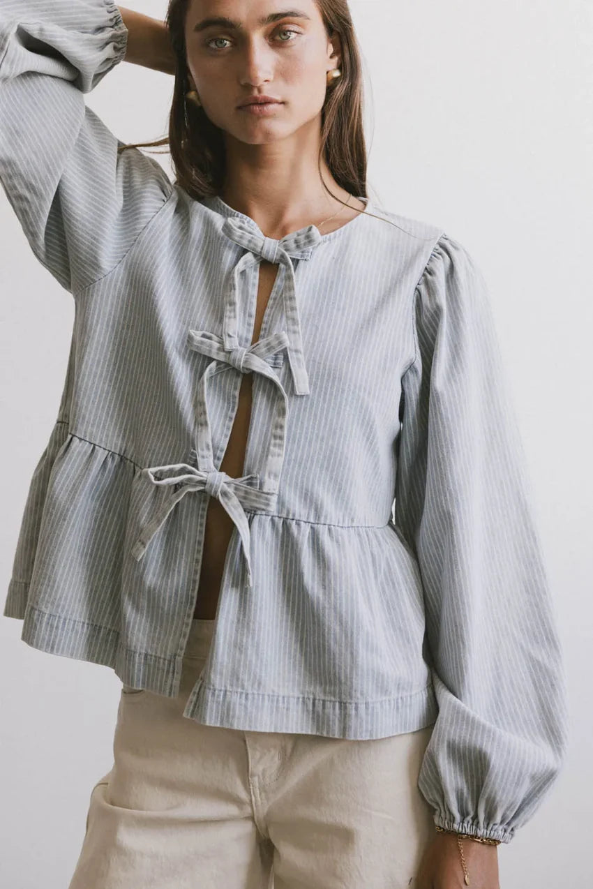 Maggie Peplum Tie Blouse In Light Wash - Final Sale