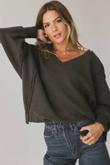 Ellis Waffle Knit Top In Charcoal - Final Sale