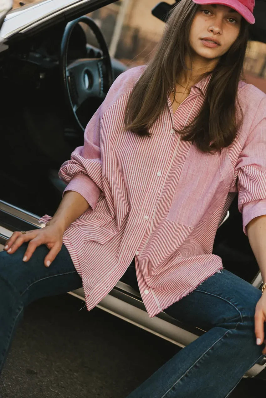 Gia Striped Button Up In Red