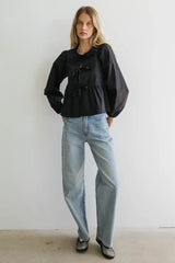 Maggie Peplum Tie Blouse In Black - Final Sale