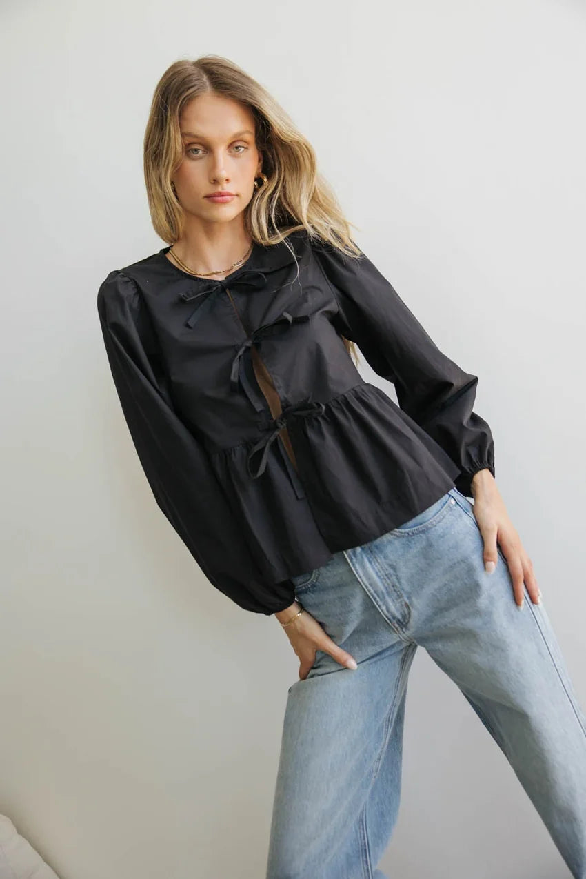 Maggie Peplum Tie Blouse In Black - Final Sale
