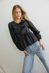Maggie Peplum Tie Blouse In Black - Final Sale