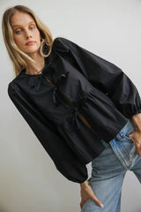 Maggie Peplum Tie Blouse In Black - Final Sale