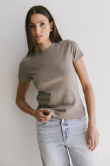Tara Ribbed Basic Tee In Taupe - Final Sale