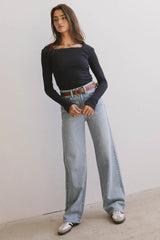 Cosette Ribbed Ruched Top In Navy - Final Sale