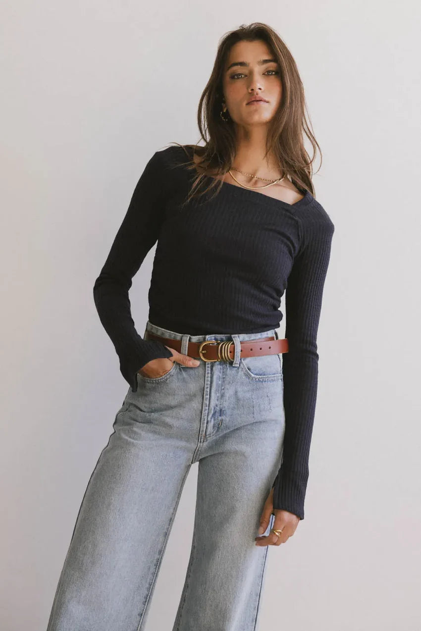 Cosette Ribbed Ruched Top In Navy - Final Sale