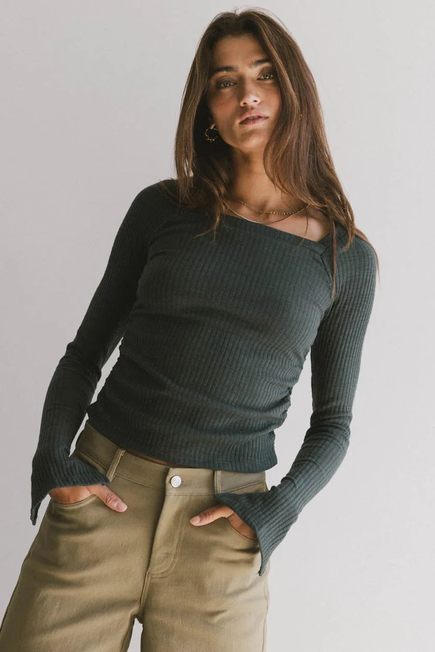 Cosette Ribbed Ruched Top in Teal - FINAL SALE