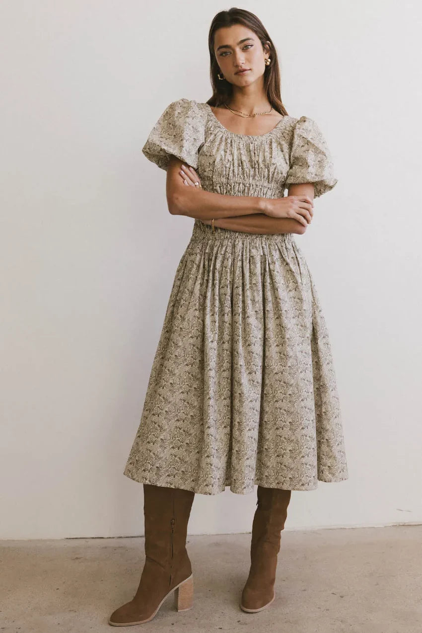 Lucille Smocked Floral Dress In Olive - Final Sale