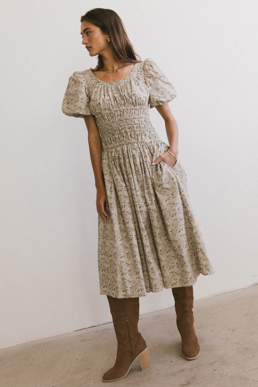 Lucille Smocked Floral Dress in Olive - FINAL SALE