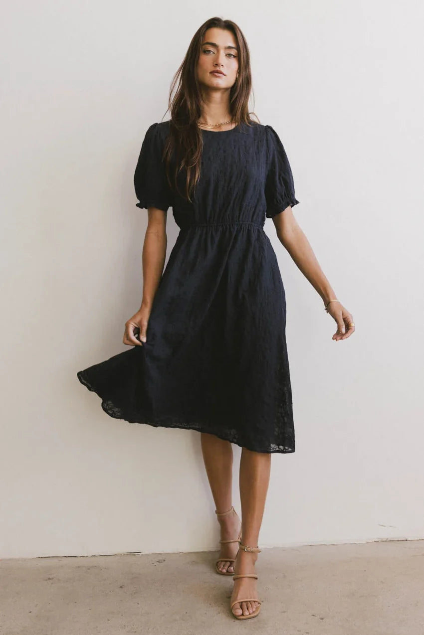 Cecy Embroidered Midi Dress In Navy - Final Sale