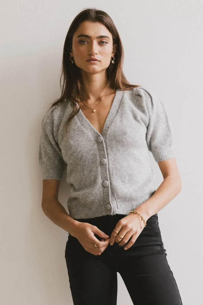 Colletta Short Sleeve Cardigan In Heather Grey - Final Sale