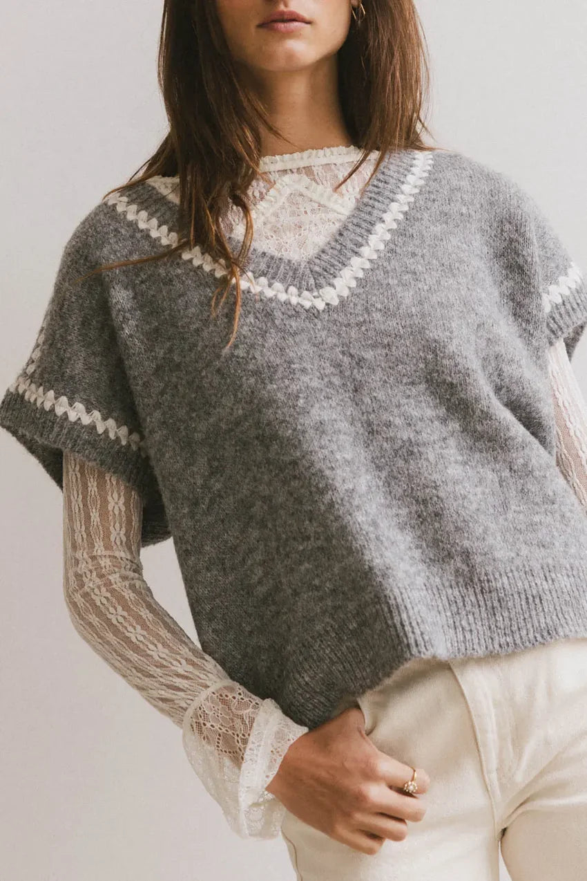 Hazel Embroidered Sweater Top in Grey - FINAL SALE