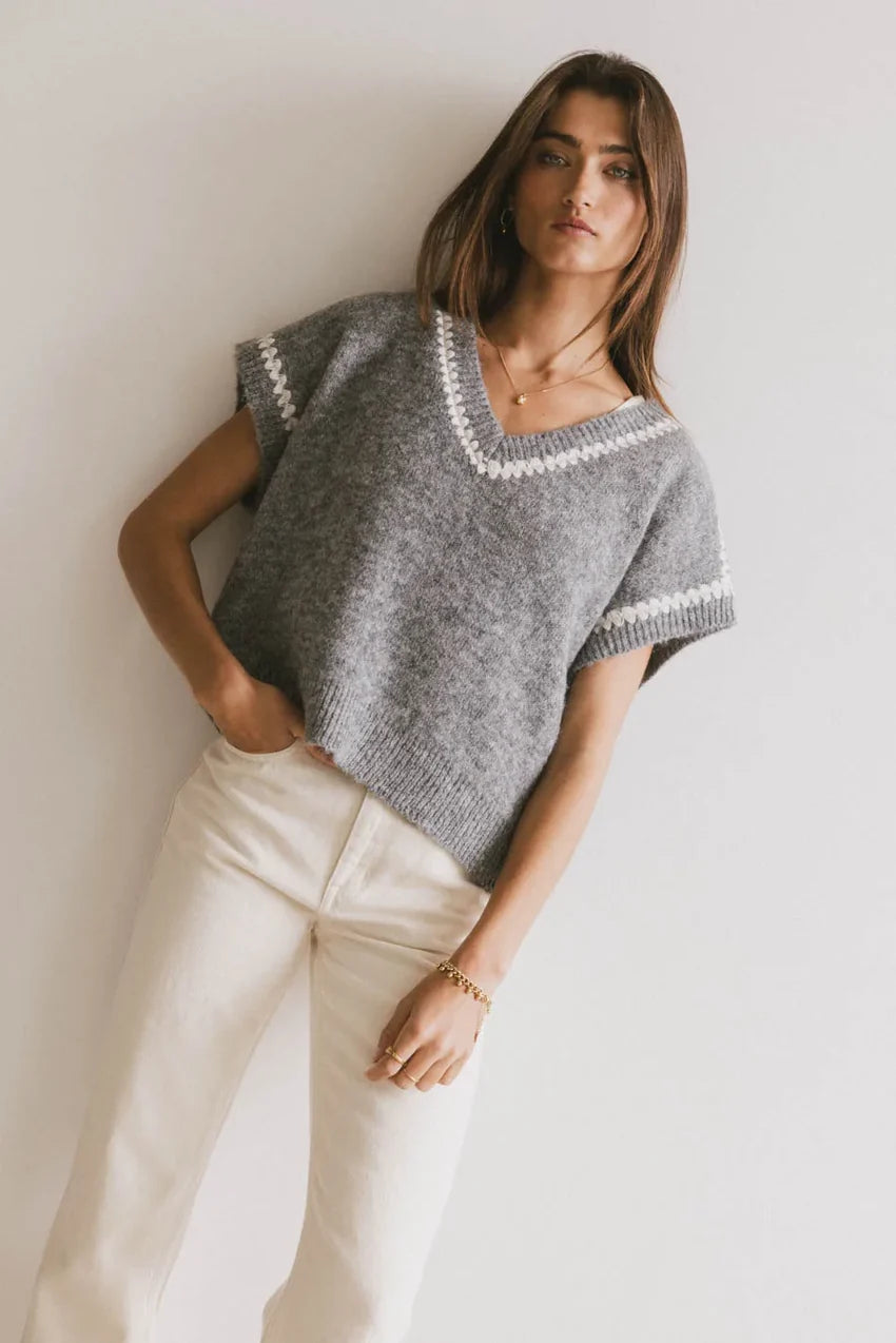 Hazel Embroidered Sweater Top In Grey - Final Sale