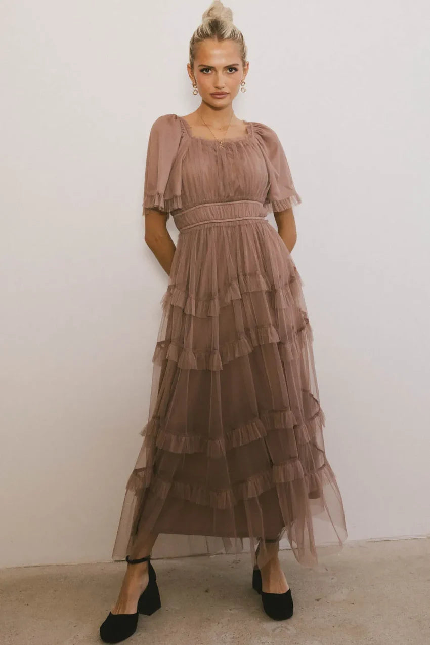 Eugena Ruffled Maxi Dress In Mocha - Final Sale