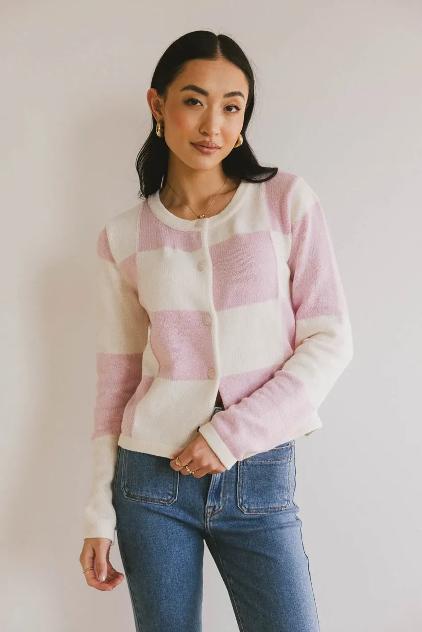 Sia Checkered Cardigan In Pink - Final Sale