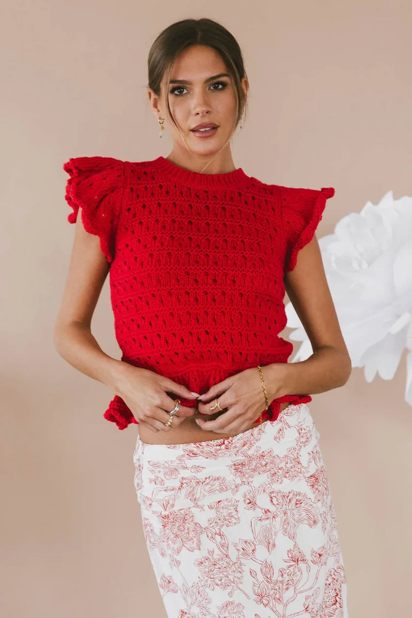 Shelly Ruffled Sweater In Red - Final Sale