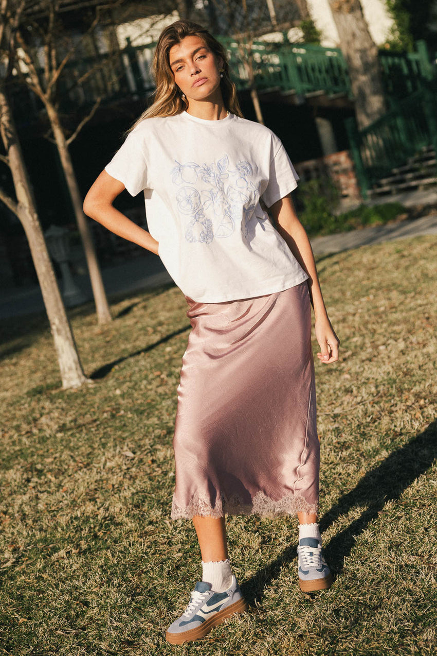Beau Lace Trim Midi Skirt In Mauve - Final Sale